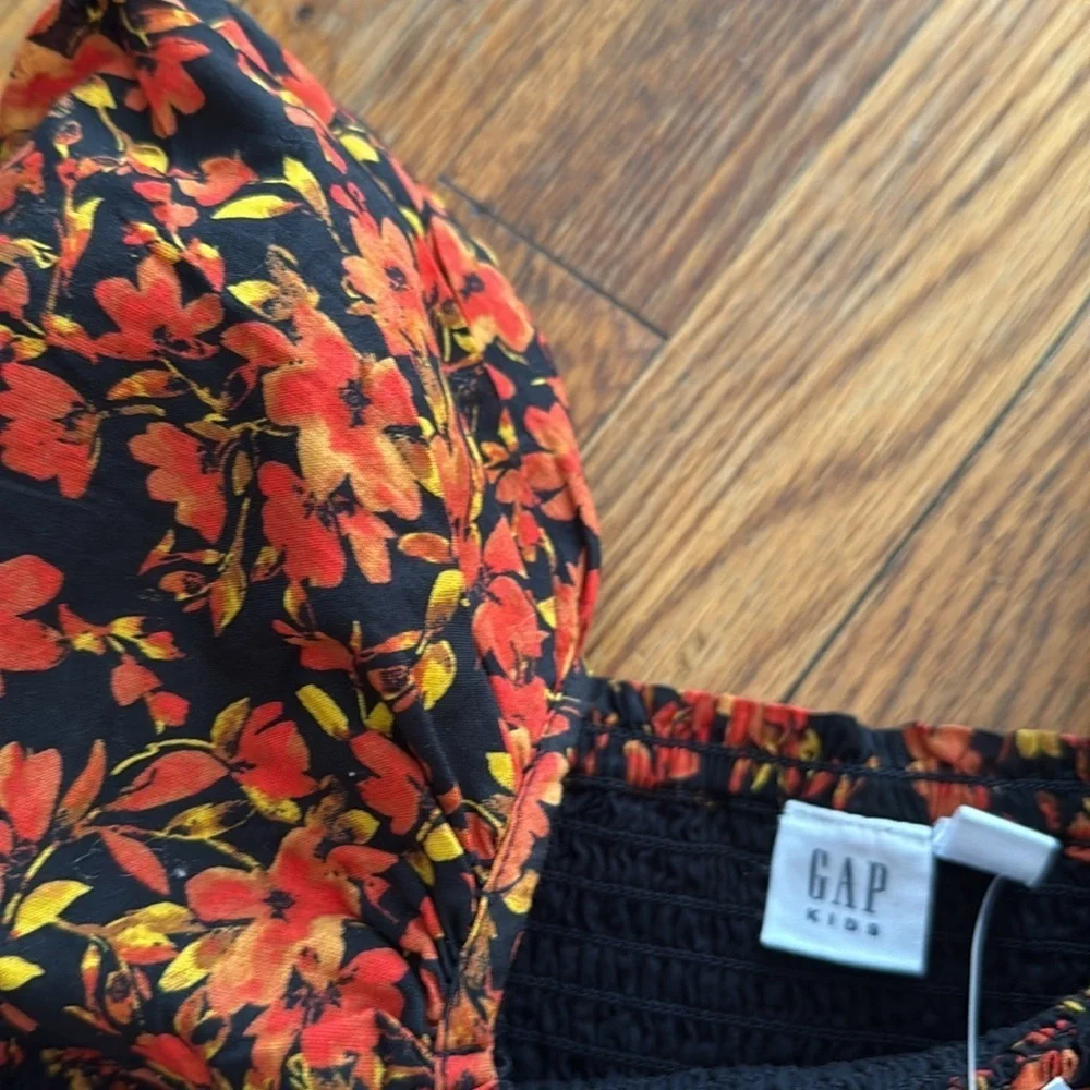 NWT Gap Kids Girls Puff Sleeve Smocked Dress Orange Black floral Thanksgiving